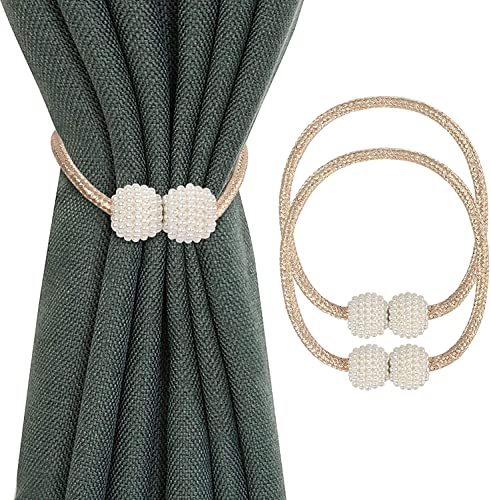 Image of Home Cloud Magnetic Curtain Tiebacks Convenient Drape Tie Backs - Pearl Decorative Rope Holdback Holder for Window Drapries Color Multi (1pair 2 pcs) (Beige.)