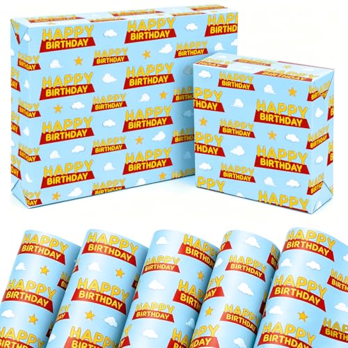 Birthday Wrapping Paper Sheets 5 sheets 50 * 70cm Cartoon Story Wrapping Paper with Blue Sky for Boys Girls Game Lovers Birthday Baby Shower
