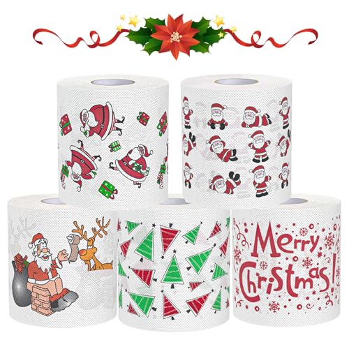 Weihnachts Toilettenpapier,5 Rollen Lustige Weihnachten Klopapier,Lustiges Weihnachts Toilettenpapier,Weihnachten Toilettenpapierrollen,Neuheit Urlaub Badezimmer Dekor,Weihnachtsneuheitsgeschenk