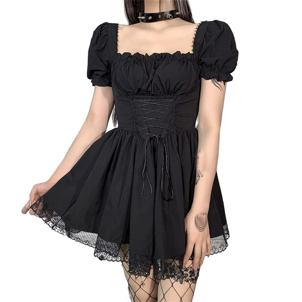 TOMETO STAR Goth Square Neck Dress Puff Short Sleeves Lace-Up A Line Black Gothic Punk Smocked Mini Dresses, Black Puff Short Sleeves Lace-up a Line, M