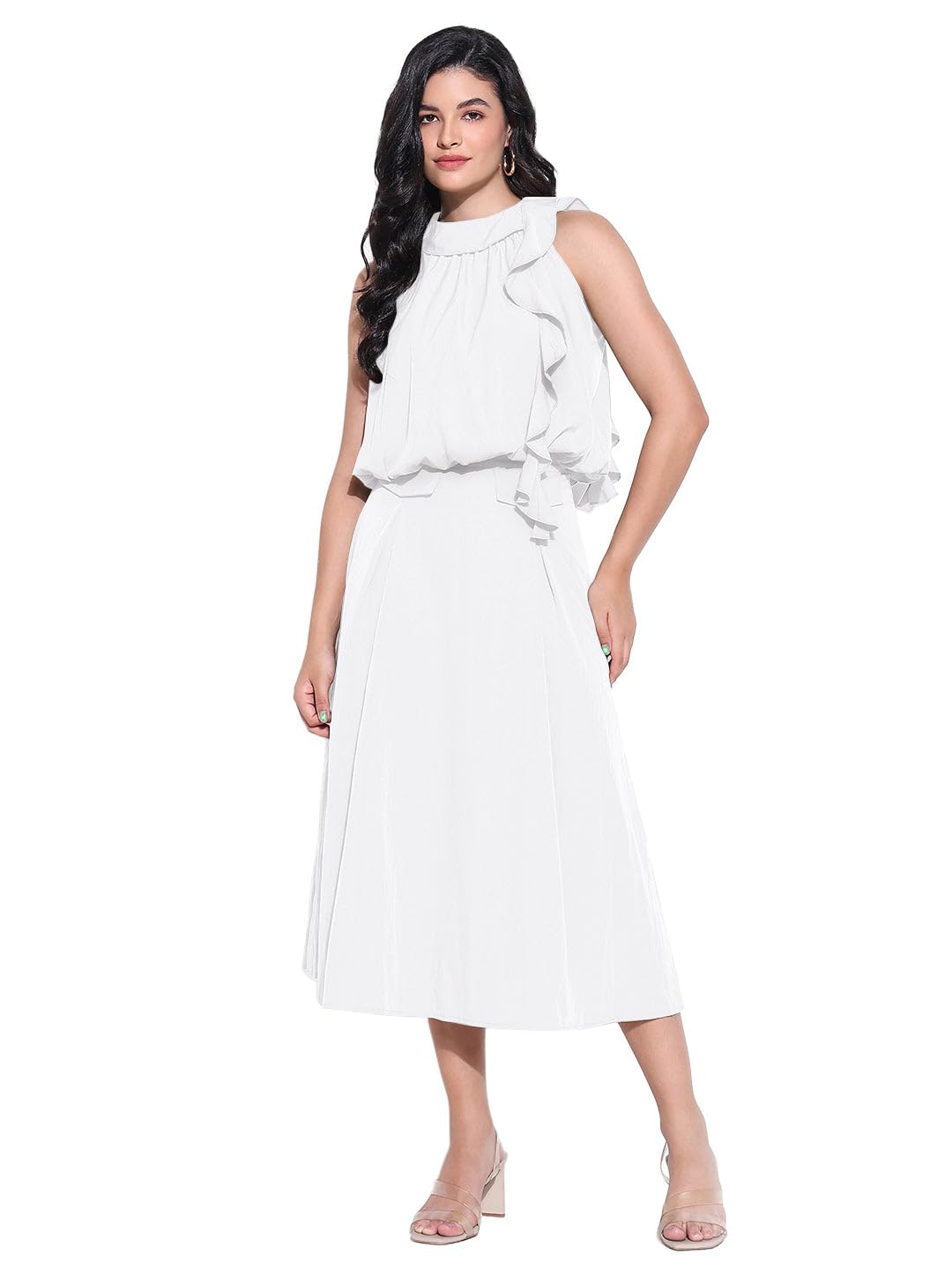 Edition Women's White Ruffle Neck Tie Top with Skirt Co-Ords Set-CHN-1088_White-P-image-10