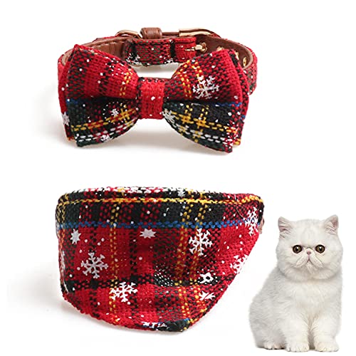 Dog Cat Collar and Bandana Set Pet Christmas Collar Classic Plaid Snowflake Adjustable Collars with Bow and Triangle Bibs Kerchief，Red Snowflake + Bandana