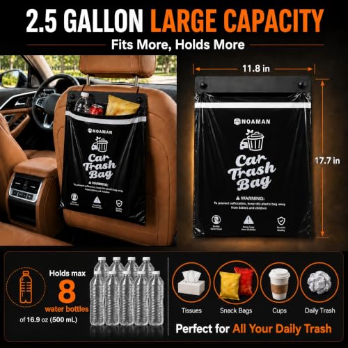 Image of Noaman 2Pack 50PCS Car Trash Bags, 2.5 Gal Leakproof & Smell Proof. Heavy-Duty Garbage Bags for car, SUV, Truck, RV. Stick-on or Headrest Mount. Alternative to Car Trash Can. Black