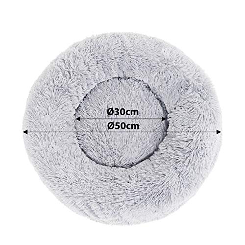 lionto Donutbett für Hunde und Katzen, Flauschiges Hundebett rund für kleine und große Heimtiere, Ø 50 cm, weiches Katzenbett aus kuscheligem Plüsch, Hundekissen mit extra Dicker Füllung, hellgrau