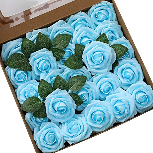 Ksnrang - Rosas Artificiales de Espuma con Aspecto Real de Rosa Fucsia para Hacer Ramos de Boda, centros de Mesa, decoración para el hogar, Teal Blue, 25pcs
