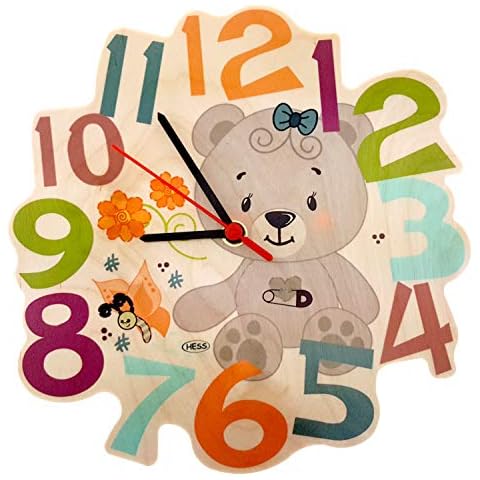 Hess Holzspielzeug 30012 - Wanduhr aus Holz für Kinder, Serie Bär nature, mit Quarzuhrwerk, handgefertigt, Durchmesser ca. 24 cm, farbenfroher Zeitanzeiger für´s Kinderzimmer Cover