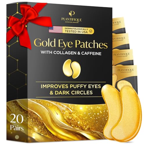 PLANTIFIQUE Parches Ojos Bolsas y Ojeras, 20 Pares Parches de Colageno y Cafeine para Contorno Ojos, Mascarillas Dorados Antiarrugas y Antiojeras - Eye Patches