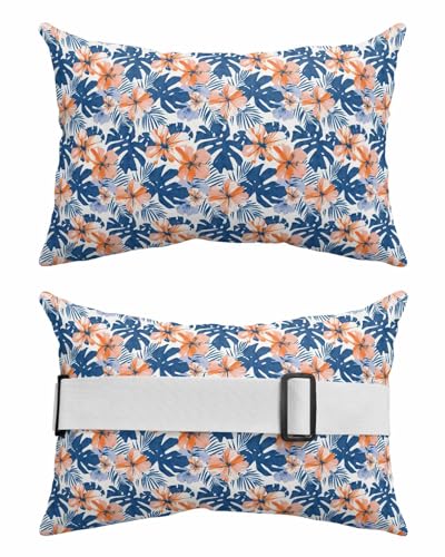 Tropical Botanical Outdoor Beach Pool Chaise Lounge Chair Head Throw Pillow Covers 11x16 with Insert and Adjustable Elastic Stripe Set of 1,Bed Body Lumbar Pillow Cases,Orange Flower Blue Palm Leaves