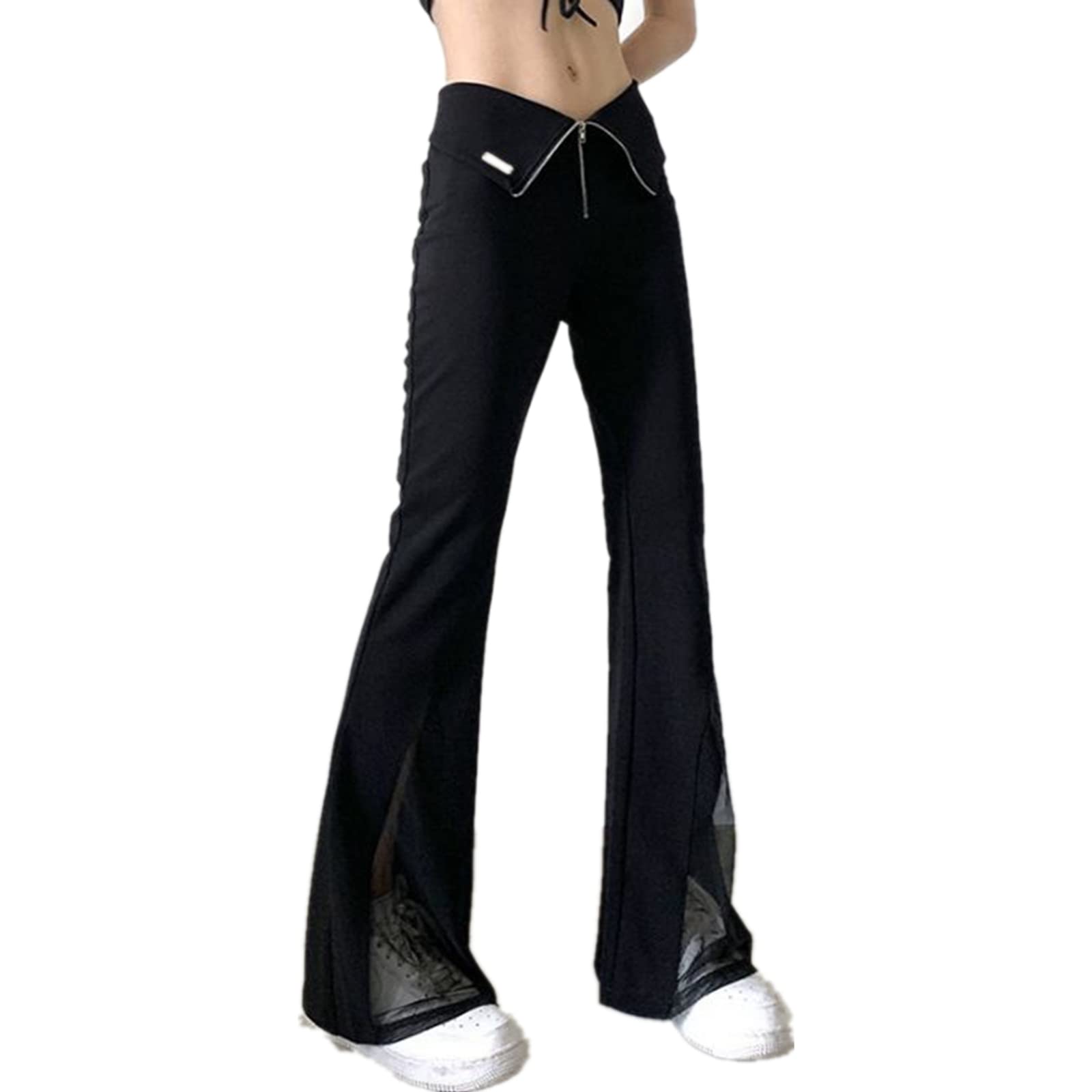 StopDirt Pants for Women Dark Gothic Flare Pants Punk Black High Waist Bodycon Trousers Zip Up Street Clothes