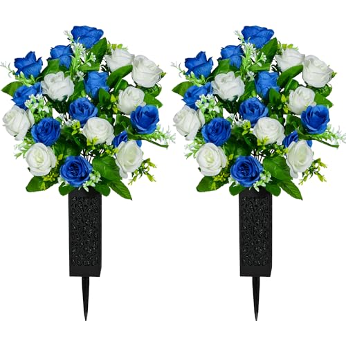 SIFOEL 2 pièces Fleurs artificielles de cimetière avec Vase, Fleurs artificielles de cimetière avec Rose pour décoration de Pierre tombale de cimetière...
