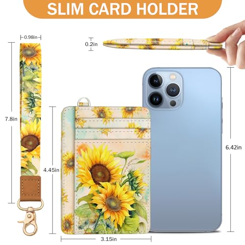 Image of Yonlevres Sunflower Credit Card Holder Slim RFID Wallet Women Wristlet Gift | Front Pocket, Handy, RFID Blocking, Woman Girls Ladies Gifts, D-ring for Keychain,Thin Mini Card Case, ID Window, PU Leather