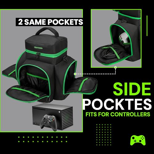Image of CROTIRAD Carrying Case Compatible with Xbox Series X, Travel Bag with Multiple Storage Pockets for Xbox Controllers, Headset, Game Discs, Cables and Other Accessories, Green Zip