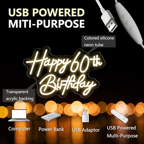 Image of Happy 60th Birthday Neon Sign For Birthday Party16.5 inch*10.5 inch Neon Happy Birthday Led Neon Light For Party Backdrop Wall Decor With Dimmable Switch Birthday Light Up Sign Birthday Gift