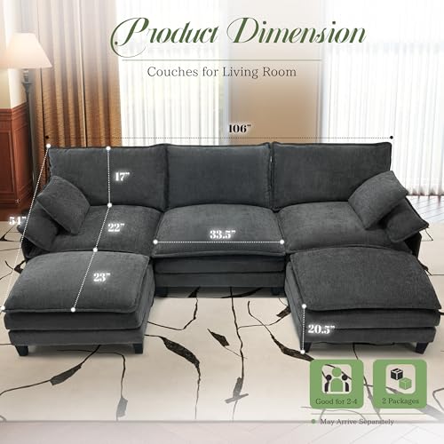 Image of Cloud Couch, 106 inch Modular Sectional Sofa with Movable Ottoman, U Shaped Modern Sofa with Pillows, Deep Seat Couches for Living Room, Bedroom and Apartment, Comfy Couch, Grey