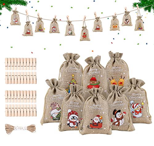 ilauke 36Pcs Sacs en Toile de Jute de Noël 10x15 cm, Petit Sac Cadeau de Noël Jute avec Cordon de Serrage+Corde de Chanvre de 10m+40 Pinces en Bois pour Calendrier de Noël, Calendrier de l'Avent Sac Cover