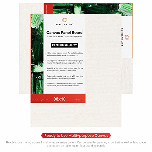 Image of Scholar Art Hobby Series 04 Oz (230 GSM) 100% Cotton Canvas Panel Board for Painting (White Blank Canvas Boards for Acrylic Paint, Oil Paint, Wet & Dry Media) | 08 inchx10 inch (20x25 cm), Pack of 4