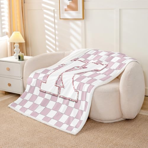 Image of Erosebridal Pink Initial K Sherpa Blanket Kawaii Plaid Checkered Fuzzy Plush Throw Cute Personalized Monogram Fleece Blanket for Kids Girls,Fashion Grids Gingham Decor for Bed Couch 40 inchx50 inch