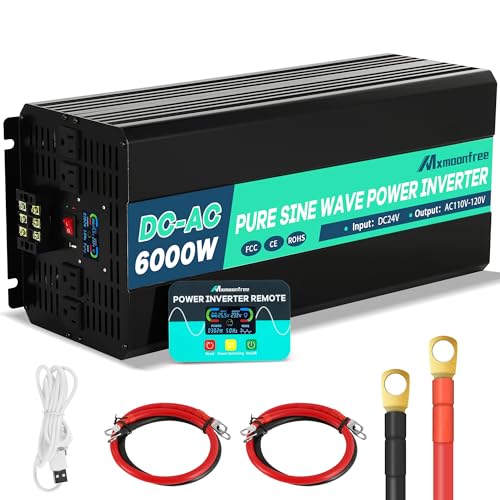 Mxmoonfree 6000W 24V Pure Sine Wave Inverter 24V DC to 110V AC with Wireless Remote LCD Display 4 AC Outlets, 1 USB and Terminal Blocks for RV Truck Cabin Off Grid