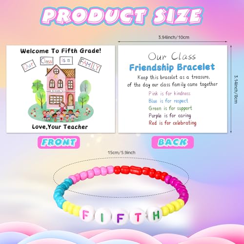 XunYee 24 Sets Back to School Gifts for Student Include Our Class Is a Family Greeting Card and First Day of School Bracelet with Bags Letter Bracelet for 1st Day of Classroom (Fifth Grade)2