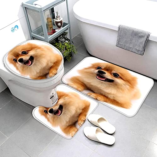 AOLIGL Badematte Pommerner Hund Tierhund Badematten Set rutschfest Waschbar Badgarnitur 3teilig - WC Deckelbezug U-förmigen Contour Badezimmerteppich Matte Flauschige Mikrofaser