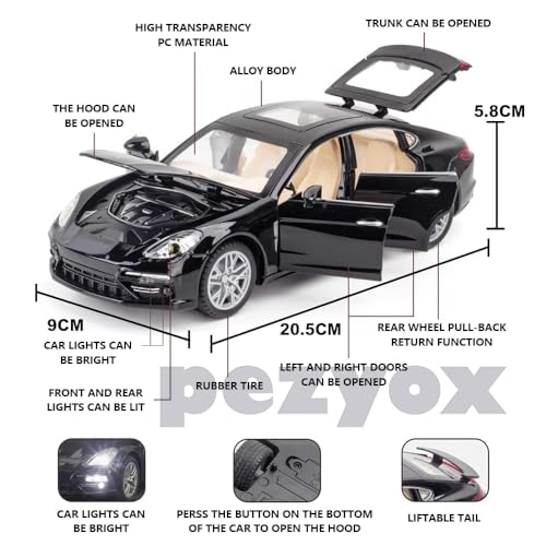 Image of PEZYOX 1:24 Porsche Panamera Diecast Metal Pullback Openable Doors Toy Cars with Flashing Light and Musical Sound for Gifts Toys for Kid (Black)
