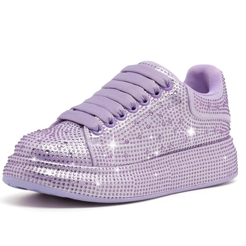 ISALALA Womens Glitter Tennis Sneakers Neon Dressy Sparkly Sneakers Comfort Rhinestone Bling Wedding Walking Shoes Shiny Sequin Shoes