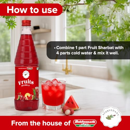 Image of Baidyanath Ayurvedant Fruit Sharbat - 750 ML - Refreshing Natural Beverage Mix Rich in Vitamins & Antioxidants for Summer Hydration (Pack of 2)