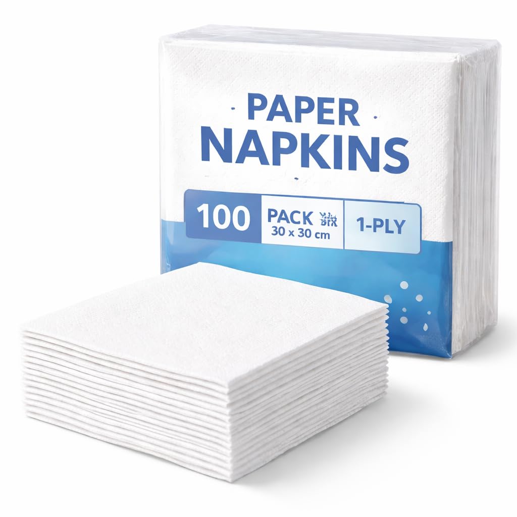 Paper Napkins, White, 30 x 30 cm, 1-Ply, 100 Pack, for Parties and Catering