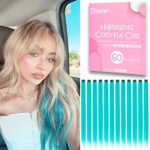 12PCS Teal Clip In Hair Extensions 22 Inch Long Straight Heat Resistant Synthetic Hair Highlights Easy to Use Colorful Hairpieces for Girls Women Party Halloween Cosplay
