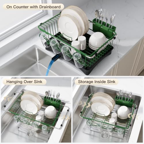Image of JASIWAY Green Dish Drying Rack in Sink with Drainboard and Utensil Holder