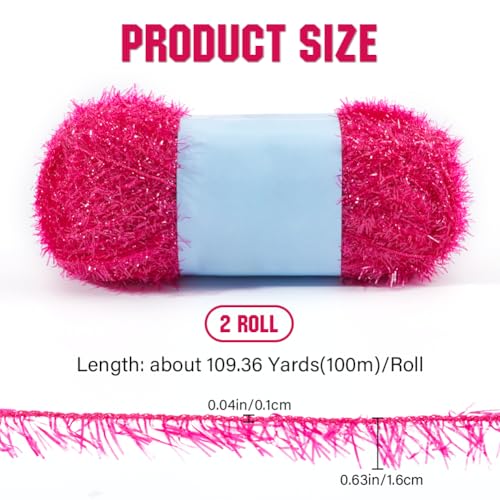 GORGECRAFT 200m 2 Rolls Sparkle Scrubby Yarn Bundle Metallic Scrubby Polyester Scrub Eyelash Dishcloth Yarn for Knitting Weaving Crochet Doll Hat Cleaning Tool Craft Project Watermelon Color - Image 2