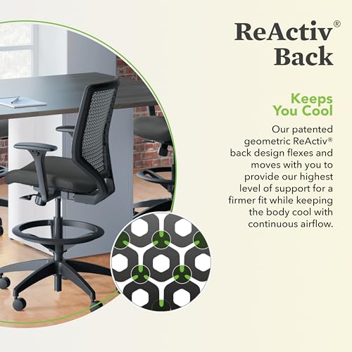 Image of HON Solve Standing Desk Chair with Breathable ReActiv Mesh Back, Adjustable Lumbar Support and Footring, Ergonomic Task Stool with Height Adjustable Arms for Sit‑Stand Workstations, Black