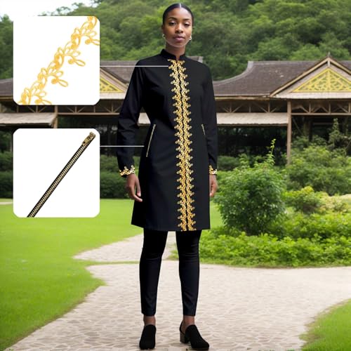 Women`s Suit Gold Embroidery Blazer and Pants Set Dashiki Jacket Traditional African Clothes with Chain3