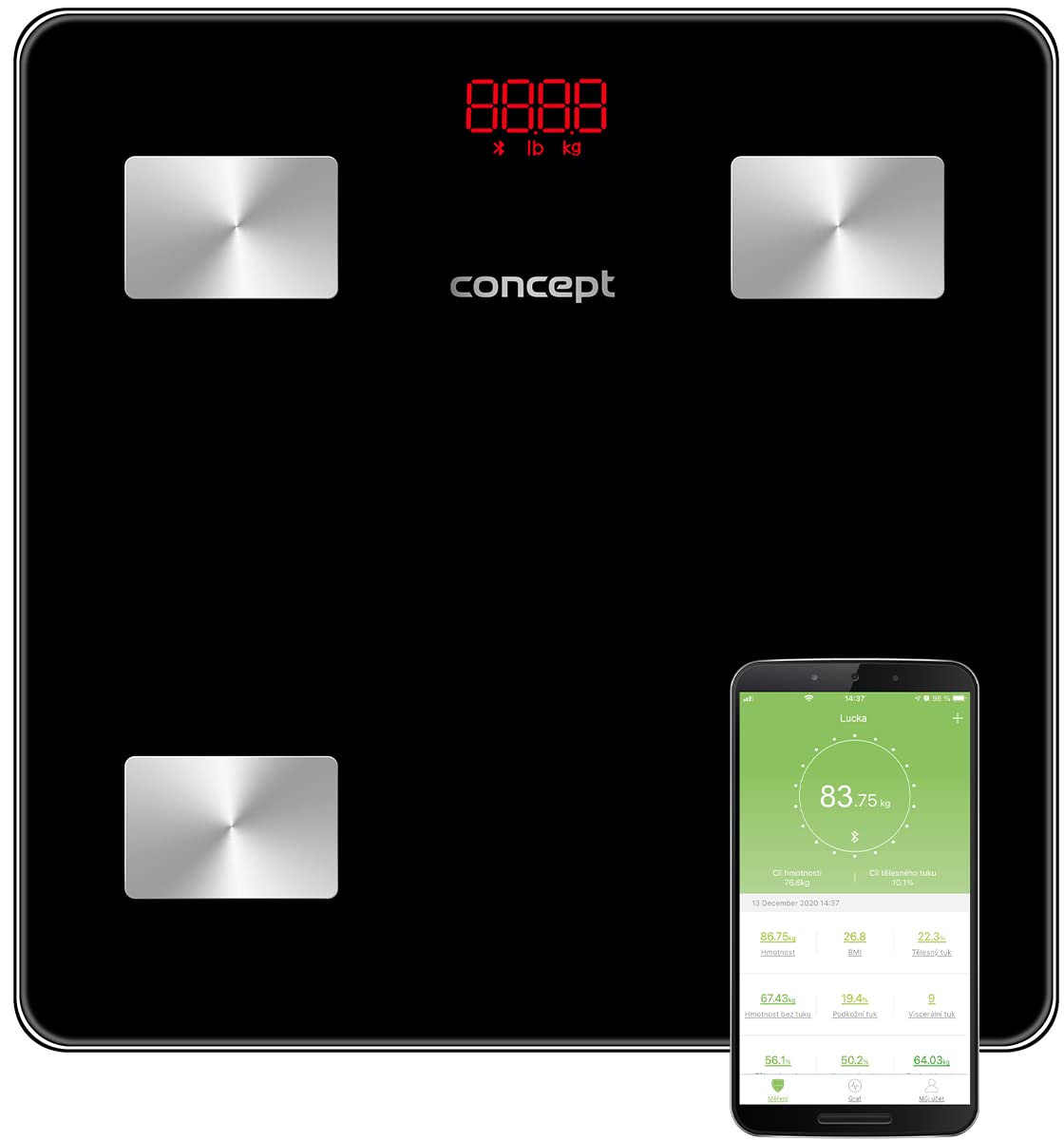 Concept VO4001 - Bilancia Diagnostica In Vetro, Con App, Per Analisi Del Corpo, Massa Muscolare, Indicatore Led Bluetooth, Peso Fino A 180 Kg-image