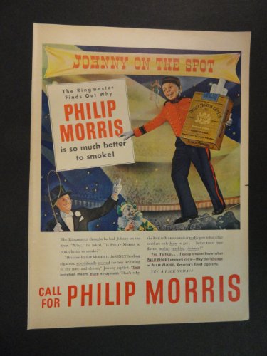Philip Morris Cigarettes. print ad. 10 1/4" x 13 1/2" Color Illustration (Johnny on high wire.) Original Vintage 1947 Life Magazine Print Art.