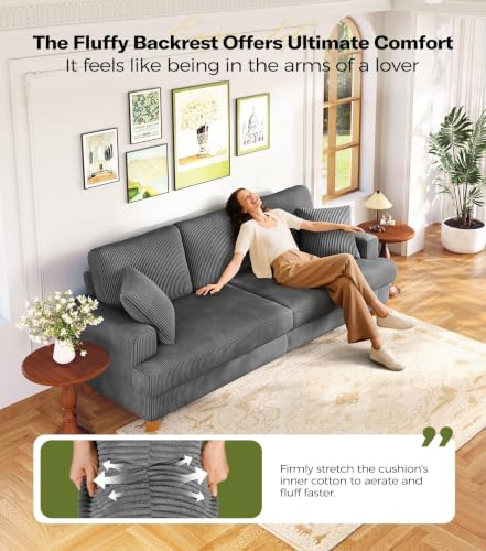 Image of Kidirect 87in Corduroy Couch, 3 Seater Sofa, Sofas & Couches, Grey Couch