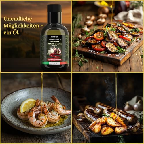 Foodico Knoblauch Chili Olivenöl | Italienisches Olivenöl Extra Vergine | pikant, kaltgepresst | 250 ml