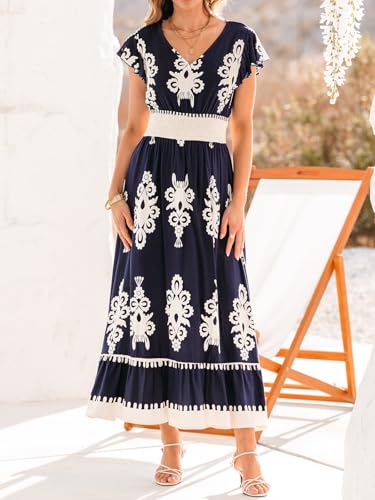 Image of CUPSHE Women's Summer Midi Dress V Neck Ruffle Short Sleeve Smocked Waist Dress