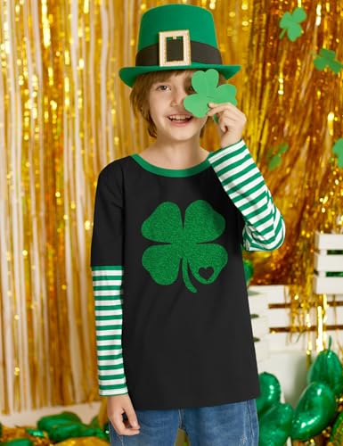 Image of Unisex Kid's St Patrick's Day Shamrock Top Striped Patchwork Irish Clover Long Sleeve Shirt 4-14 Years