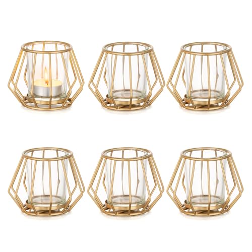 Geometric Tea Light Candle Holders - Wedding Centerpiece for Tables Morden Metal Votive Tealight Candles Stand with Glasses Coffee Home Room Decor Wedding Party Birthday Decoration, Gold 6 pcs