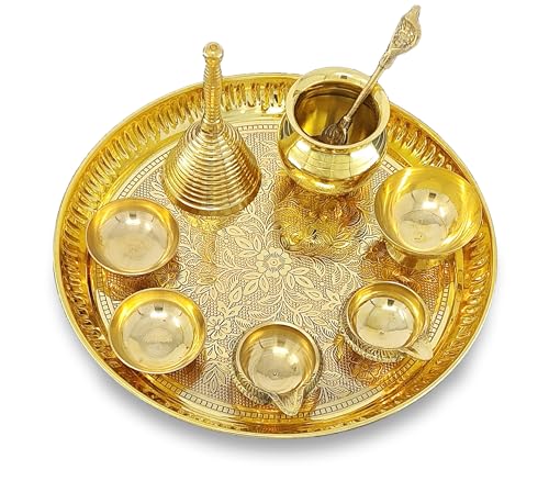 Image of BENGALEN Brass Pooja Thali Set 8 Inch Puja Thali with Pital Plate Kalash Chandan Vati Dhup Dan Kuber Diya Ghanti Palli Arti Thali for Diwali Home Office Mandir Wedding Return Gift Items