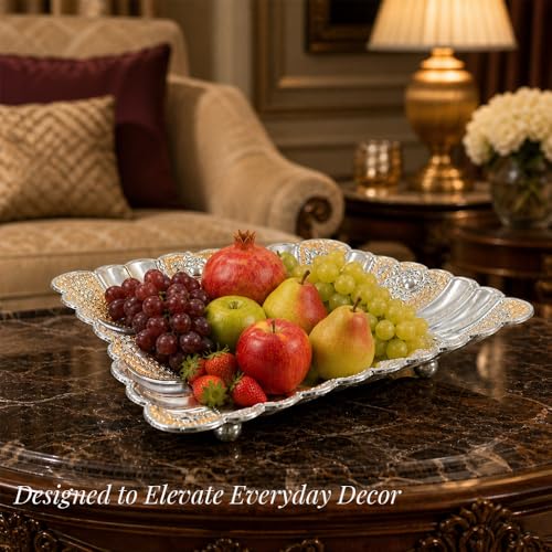 Image of Diviniti German Silver Decorative Tray for Home Decor | Square Floral Embossed Platter | Luxury Center Table Accent for Living Room & Dining Decor | Premium Decorative Gift with Box