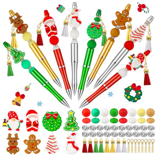 Image of CZWZ 8 Pcs Christmas Beadable Pens, Plastic Beadable Pens with Multicolor Silicone Beads, Christmas Snowman Pine Tree Floral Hoop Deer Pens for Christmas Office School Supplies