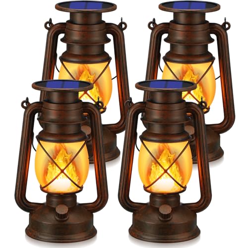 Retisee 4 faroles solares LED vintage colgantes al aire libre, luces solares intermitentes, funcionan con pilas, llama retro, impermeable, lámpara de camping para patio, patio, césped, puerta