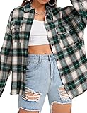 Lumister Womens' Spring Oversized Flannel Plaid Shirt Long Sleeve Drop Shoulder Lapel Button Down Shirt Blouse Tops(0075-Olive-XL)