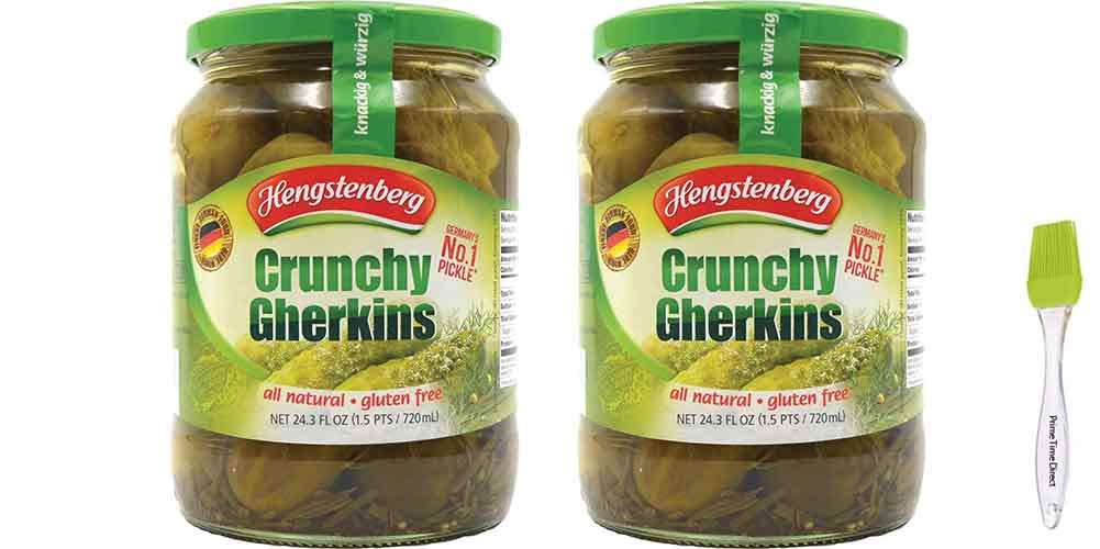 Hengstenberg Crunchy Gherkins German Pickles 24.3 oz (Pack of 2) Bundle with Prime Time Direct Silicone Basting Brush in a PTD Sealed Bag