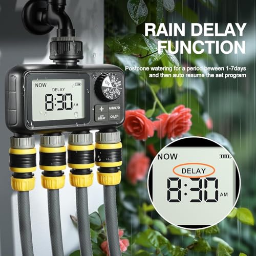 Image of LABART Sprinkler Timer, 4 Outlets Programmable Water Timer with Brass Inlet for Garden Hose, Outdoor Hose Timer with Rain Delay /Manual /Automatic Watering System, Digital Irrigation Timer for Yard /Lawn