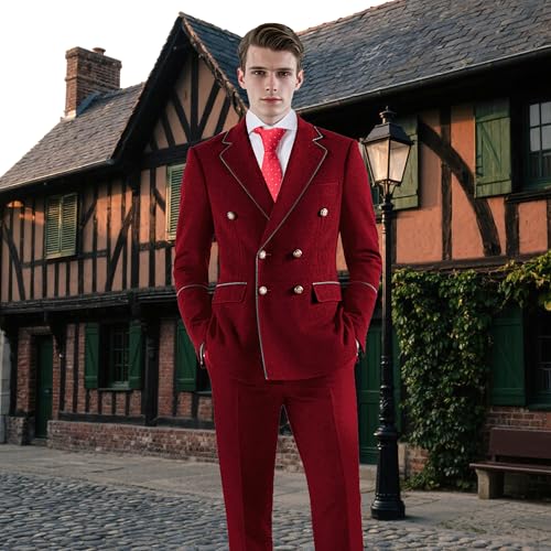 MOGU Men's 2 Piece Velvet Suit Double Breasted Tuxedo Slim Fit Set Gold Buttons Suits Party Casual Formal4