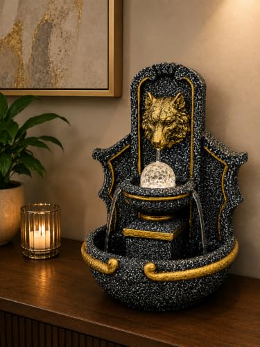 Image of eCraftIndia Tiger Water Fountain for Home Decor, Tabletop Indoor Waterfall Fountain with LED Light Effect, Decorative Spiritual Fountain for Living Room, Bedroom, Office & Meditation