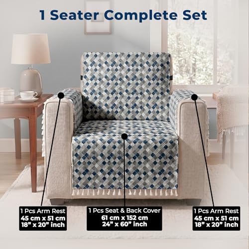 Image of Story@Home Premium Velvet Sofa Cover with Tassels for 1 Seater |Full Protection for Sofa Seat, Back & Arms | Anti Slip Sofa Cover Mat with 2 Armrest Cover, 1 Seater (152 x 61 CM) - Grey & Cyan